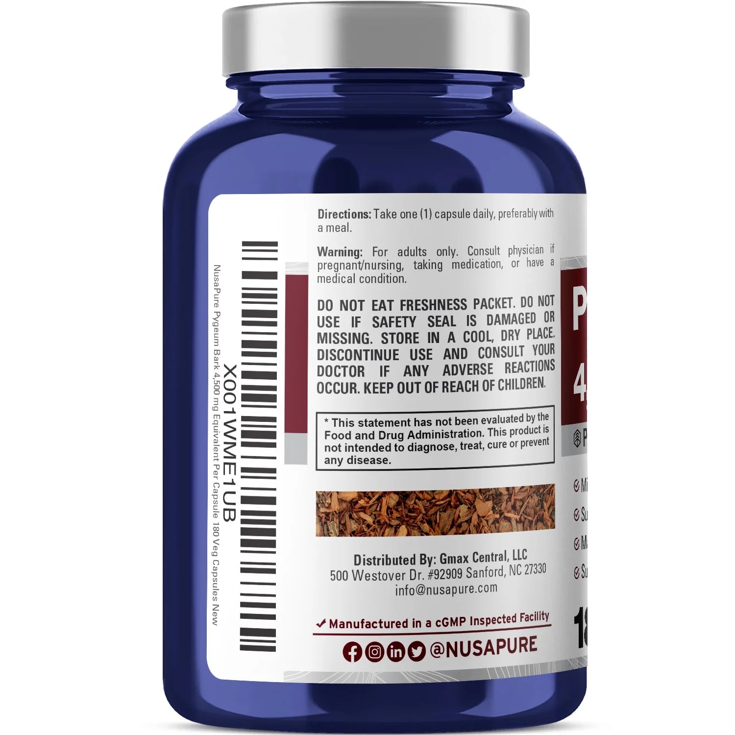 Pygeum Bark 4500Mg 180 Veggie Capsules, Non-Gmo and Gluten-Free, Dietary Supplement for Unisex Adult Health & Wellness