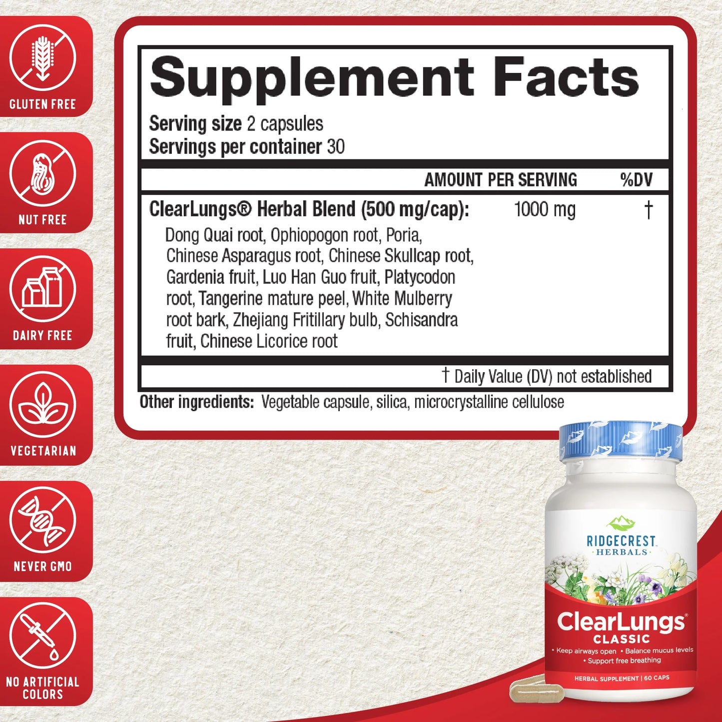 Clearlungs Classic, Natural Lung and Nasal Daily Health Supplement for Bronchial, Respiratory, Immune, Sinus, and Mucus Wellness Support, Herbal Formula (60 Caps, 30 Serv)