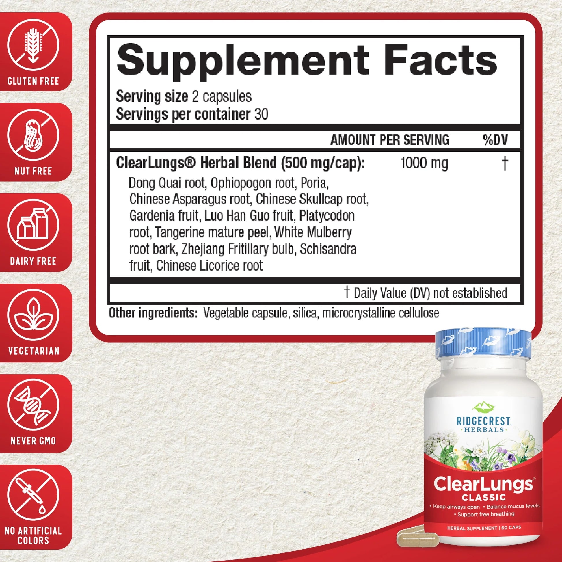 Clearlungs Classic, Natural Lung and Nasal Daily Health Supplement for Bronchial, Respiratory, Immune, Sinus, and Mucus Wellness Support, Herbal Formula (60 Caps, 30 Serv)